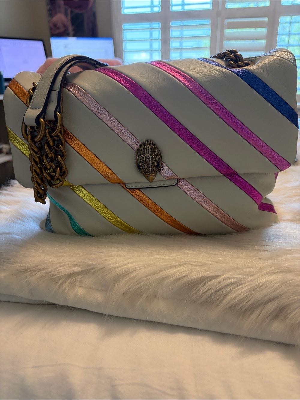 Kurt Geiger White Shoulder Bag with Multicolor Metallic Stripes